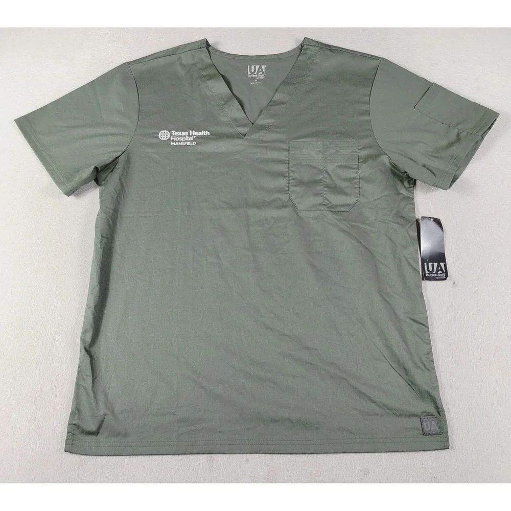 UA Butter-Soft Scrub Top Mens Medium Green V Neck Texas Health Hospital Nurse ER